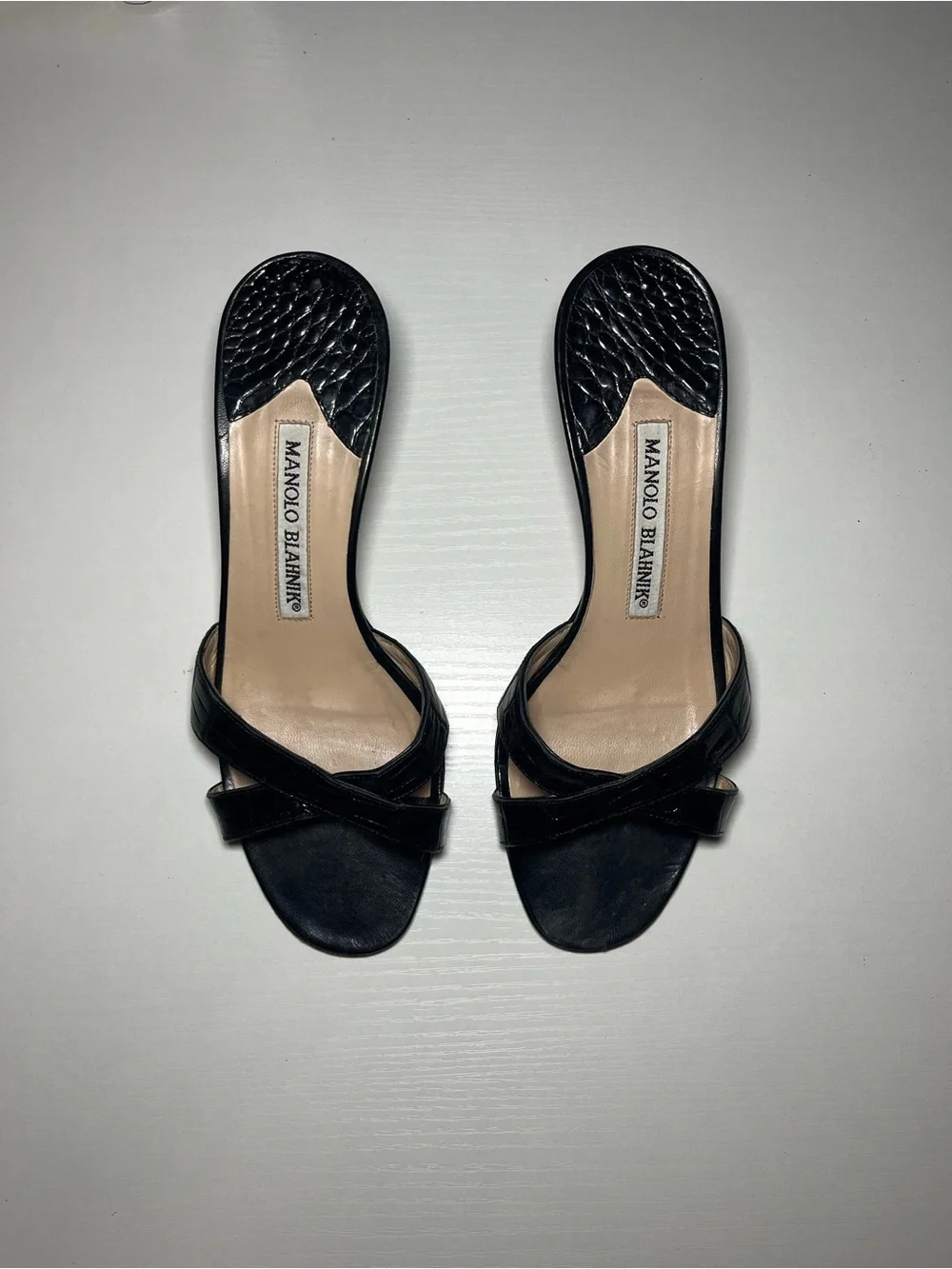 Manolo Blahnik Black Cross-Strap Leather Slide Heels
